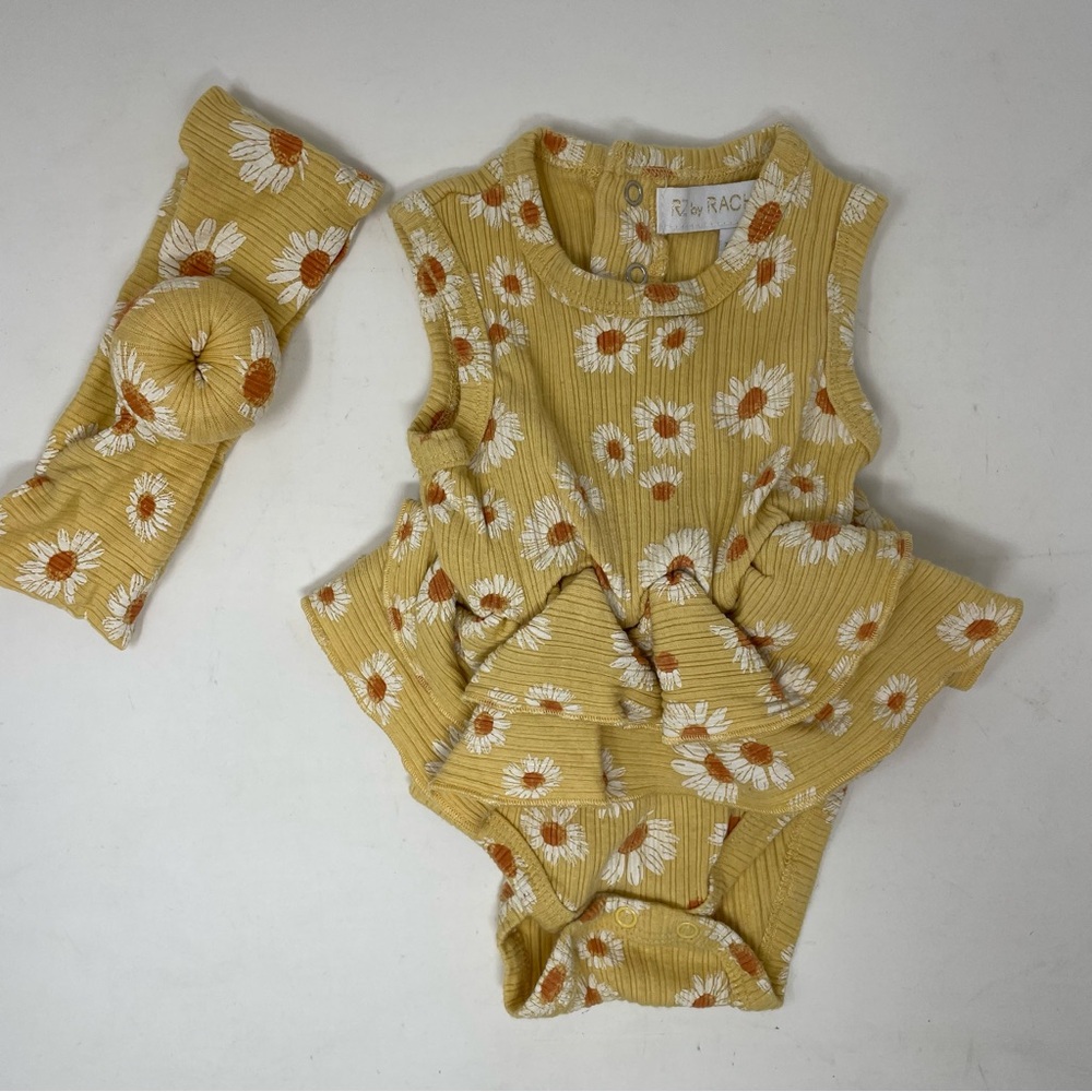 Baby Rachel Zoe Yellow Floral Summery Ruffle Romper with Headband Size 3-6m